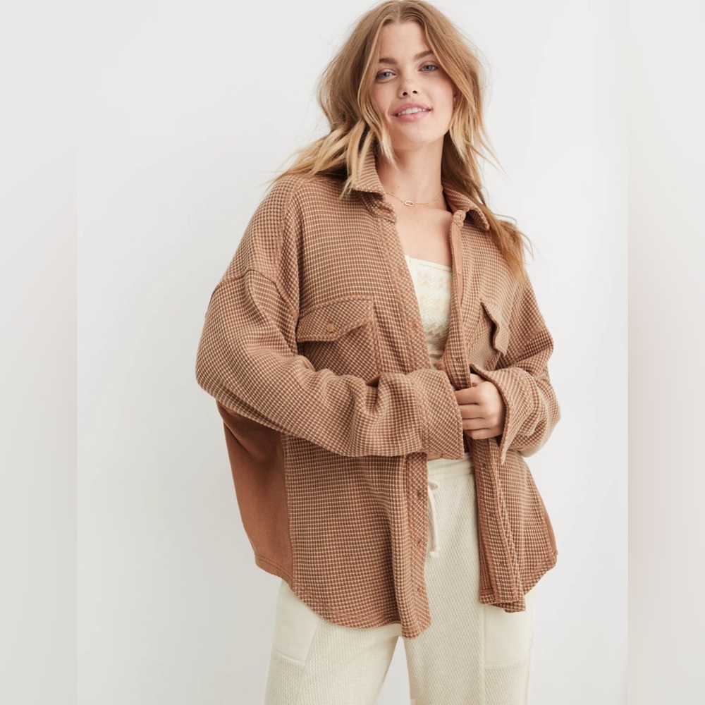 Aerie LumberJane Waffle Shirt, Beach Dune, Size L